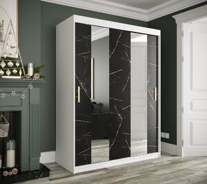 Šatníková skriňa s posuvnými dverami a zrkadlami MAREILLE 4 - šírka 150 cm, biela / čierny mramor