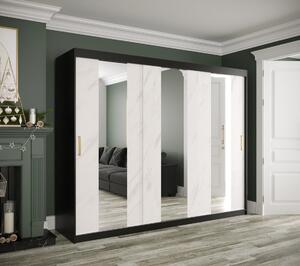 Šatníková skriňa s posuvnými dverami a zrkadlami MAREILLE 4 - šírka 250 cm, čierna / biely mramor
