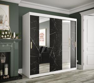 Šatníková skriňa s posuvnými dverami a zrkadlami MAREILLE 4 - šírka 200 cm, biela / čierny mramor