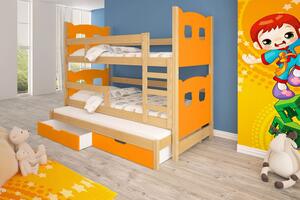 Detská poschodová posteľ pre troch KALA 1 - 75x180, borovica / oranžová