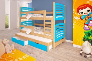Detská poschodová posteľ pre troch KALA 2 - 75x180, borovica / modrá