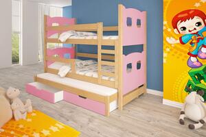 Detská poschodová posteľ pre troch KALA 1 - 75x180, borovica / ružová