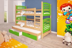 Detská poschodová posteľ pre troch KALA 2 - 75x180, borovica / zelená