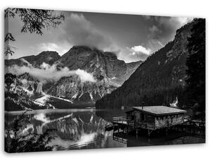 Obraz na plátne Horská chata pri jazere - čiernobiely Rozmery: 60 x 40 cm