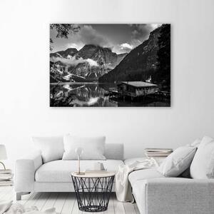 Obraz na plátne Horská chata pri jazere - čiernobiely Rozmery: 60 x 40 cm