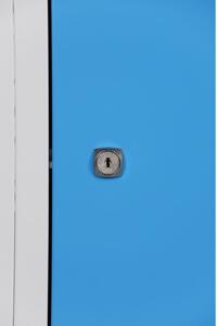 Kovová šatníková skrinka, 3-dverová na sokli, modré dvere, cylindrický zámok