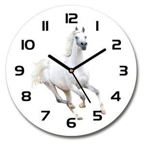 Sklenené nástenné hodiny okrúhle Biely arabský kôň
