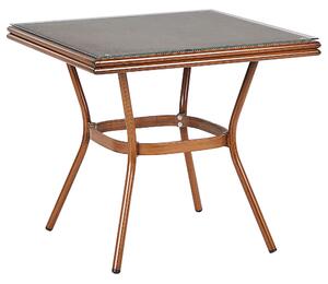 Záhradný stôl tmavé drevo sivá hliník bezpečnostné sklo 80 x 80 cm štvorcový pre 4 osoby moderný rustikálny štýl záhrada exteriér
