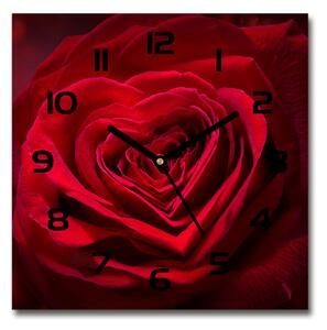 Sklenené hodiny štvorec Červená ruža srdce