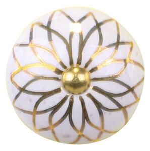 Biela antik porcelánová úchytka s mosadzným kvetom Cruz - Ø 4*6,5 cm - Chic Antique