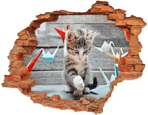 Fototapeta diera na stenu 3D Mačka s papierovými vtákmi