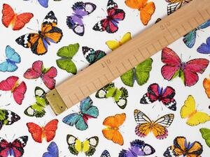 Dekoračná látka Leona LN-062 Farebné motýliky na bielom - šírka 140 cm