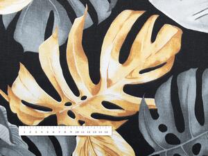Bavlnená látka/plátno Sandra SA-228 Sivé a zlaté tropické listy na čiernom - šírka 160 cm