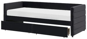 Posteľ čierna zamatové čalúnenie jednolôžko 90 x 200 cm lamelový rošt zásuvky úložný priestor moderný štýl