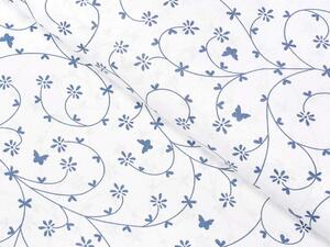 Bavlnená látka/plátno Sandra SA-051 Drobné modré kvietky a motýliky na bielom - šírka 140 cm