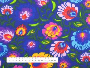 Bavlnená látka/plátno Sandra SA-187 Ľudové kvety na modrom - šírka 160 cm