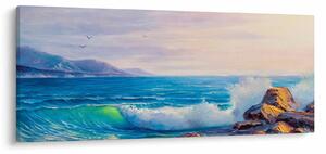 Obraz vĺn narážajúcich na útesy, olejomaľba (120x50 cm)