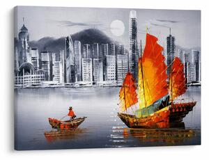 Obraz - Victoria Harbor, Hong Kong, čiernobiela olejomaľba (70x50 cm)