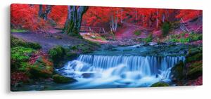 Obraz vodopádu v červenom lese (120x50 cm)