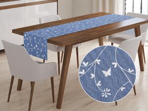 Biante Bavlnený behúň na stôl Sandra SA-052 Drobné biele kvietky a motýliky na modrom 20x140 cm