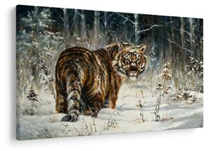 Obraz - Tiger v zasneženom lese, olejomaľba (90x60 cm)