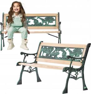 Záhradná lavička pre deti – 82×39×50 cm / zeleno-drevená s motívom zvieratiek
