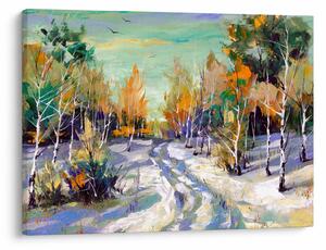 Obraz - Zasnežená cesta lesom, olejomaľba (70x50 cm)