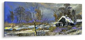 Obraz chalúpky v zimnej krajine, olejomaľba (120x50 cm)