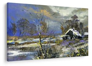 Obraz chalúpky v zimnej krajine, olejomaľba (90x60 cm)