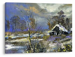 Obraz chalúpky v zimnej krajine, olejomaľba (70x50 cm)