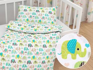 Biante Detské bavlnené posteľné obliečky do postieľky Sandra SA-035 Zelené sloníky na bielom Do postieľky 100x135 a 40x60 cm