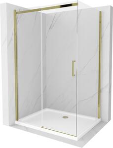 Mexen Omega, sprchovací kút s posuvnými dverami 110 (dvere) x 100 (stena) cm, 8mm číre sklo, zlatý profil + slim sprchová vanička 5cm, 825-110-100-50-00-4010