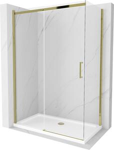 Mexen Omega, sprchovací kút s posuvnými dverami 130 (dvere) x 70 (stena) cm, 8mm číre sklo, zlatý profil + slim sprchová vanička 5cm, 825-130-070-50-00-4010