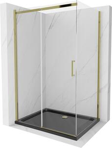 Mexen Omega, sprchový kút s posuvnými dverami 100 (dvere) x 80 (stena) cm, 8mm číre sklo, zlatý profil + slim sprchová vanička čierna + zlatý sifón, 825-100-080-50-00-4070G