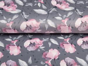 Zamatová látka Tamara TMR-013 Ružové kvety na sivom - šírka 150 cm
