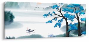 Obraz - Maľované jazero s loďkou (120x50 cm)