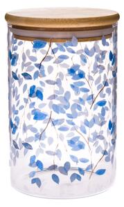 Sklenená dóza s bambusovým viečkom Modré kvety, 840 ml