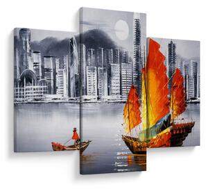 Obraz - Victoria Harbor, Hong Kong, čiernobiela olejomaľba (90x60 cm)