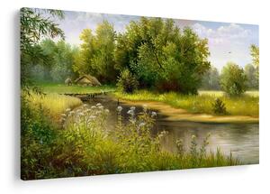 Obraz - Rieka pri lese, olejomaľba (90x60 cm)