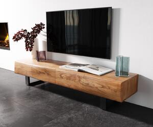 DELIFE TV stolík New Live-Edge 175 cm akácia prírodná 4 dvierka kovová tenká podstava čierna