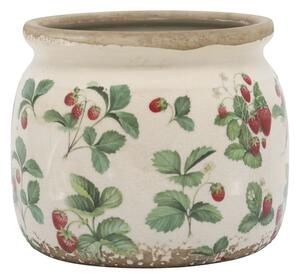Krémový antik keramický obal na kvetináč s jahôdkami Fraises - Ø 15*13 cm - Chic Antique