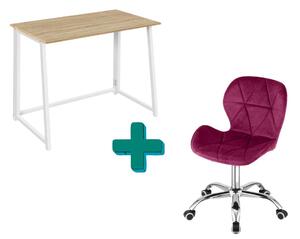 Set do pracovne ZARIMO stôl 80x40 cm biely + kreslo AVOLA VELVET vínové