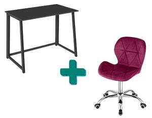 Set do pracovne ZARIMO stôl 80x40 cm čierny + kreslo AVOLA VELVET vínové