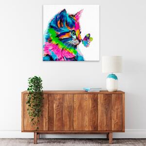 Obraz na plátne - Mačiatko s motýľom vo farbách - 40x40 cm