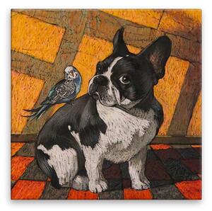 Obraz na plátne - Buldog s vtáčikom - 40x40 cm