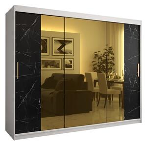 Dizajnová šatníková skriňa so zlatým zrkadlom MADLA 2 - šírka 250 cm, biela / čierna
