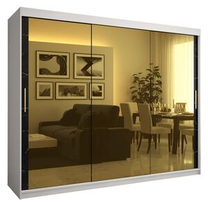 Dizajnová šatníková skriňa so zlatým zrkadlom MADLA 3 - šírka 250 cm, biela / čierna