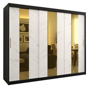 Dizajnová šatníková skriňa so zlatým zrkadlom MADLA 4 - šírka 250 cm, čierna / biela