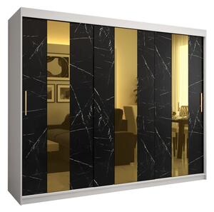 Dizajnová šatníková skriňa so zlatým zrkadlom MADLA 4 - šírka 250 cm, biela / čierna