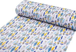 Biante Detské bavlnené posteľné obliečky do postieľky Sandra SA-186 Modro-žlté pierka Do postieľky 90x130 a 40x60 cm